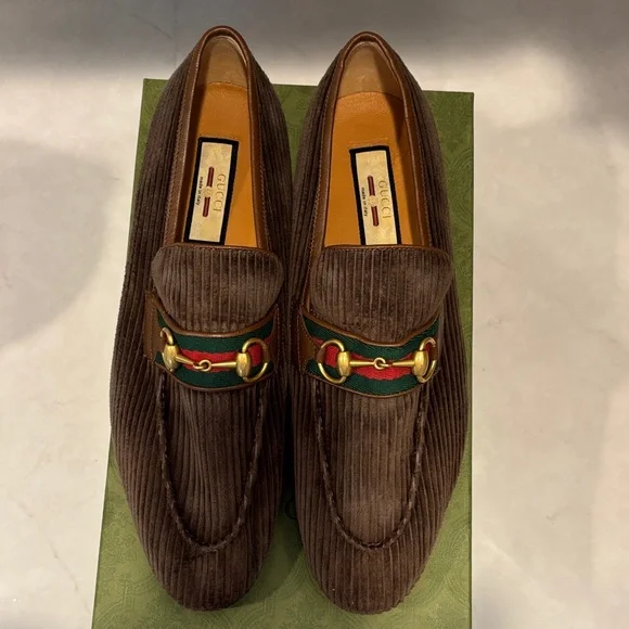 Gucci Men's Corduroy Brown Loafers with Green and Red Accents - Picture 2 of 4